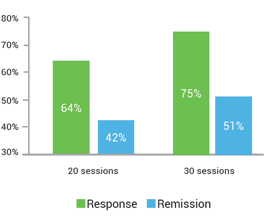 A bar chart showing the percentage of response and remission.