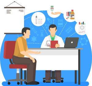 A man and a woman sitting at a desk with medical icons around them.